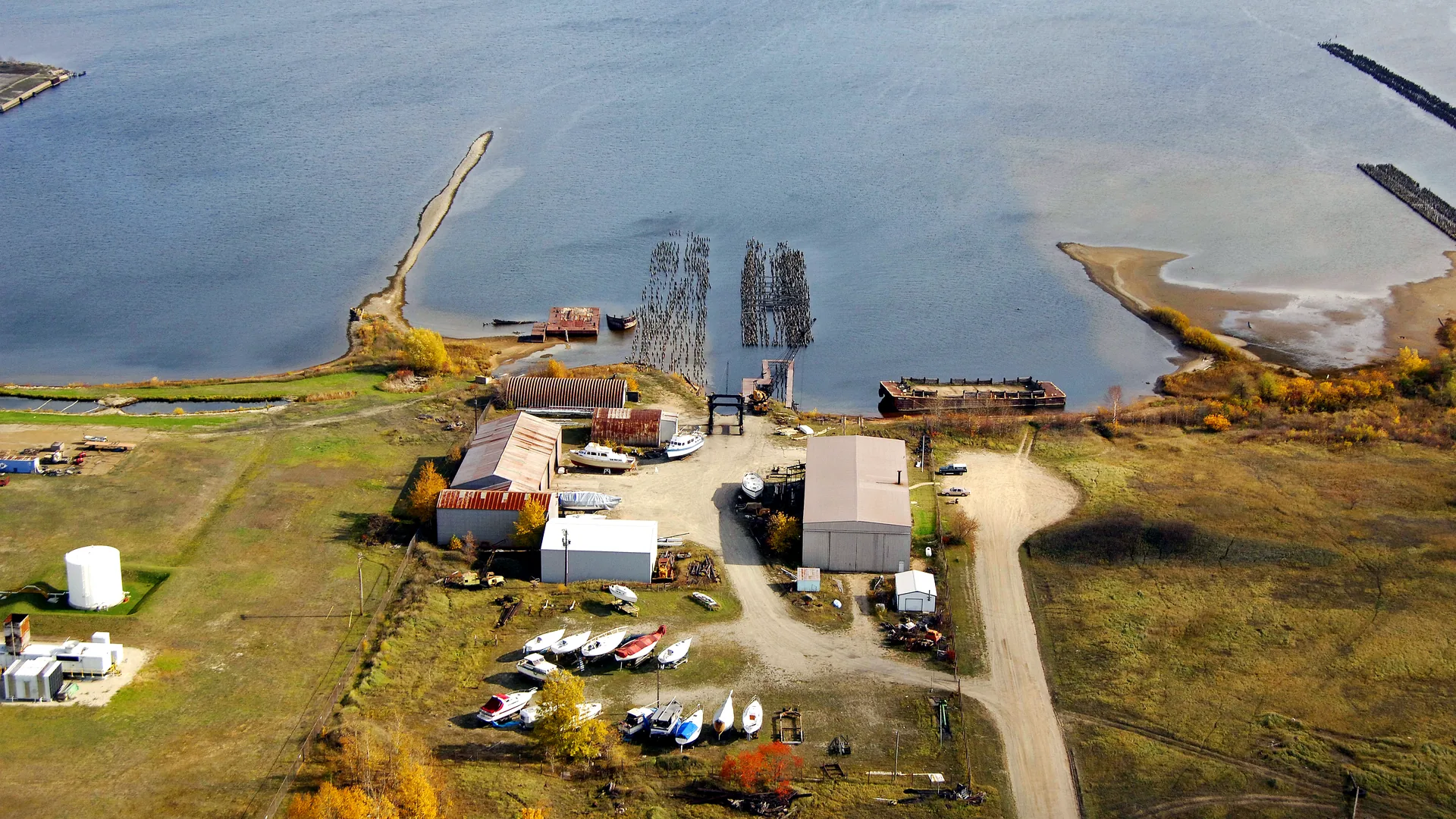Wide aerial view of the marina facility beside Lake Michigan